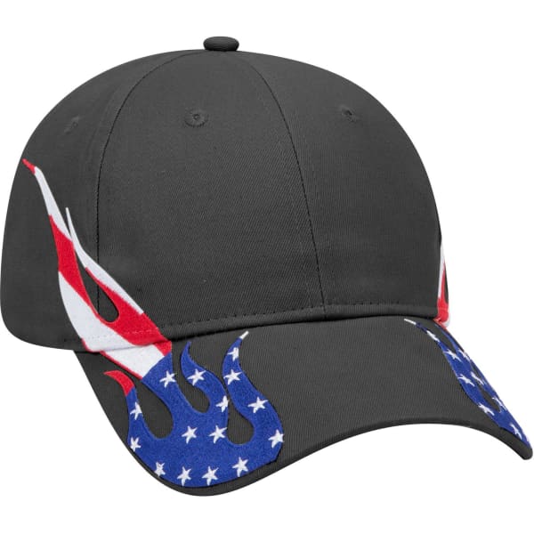 A black low-profile baseball cap featuring flame designs in red, white, and blue, along with a logo.