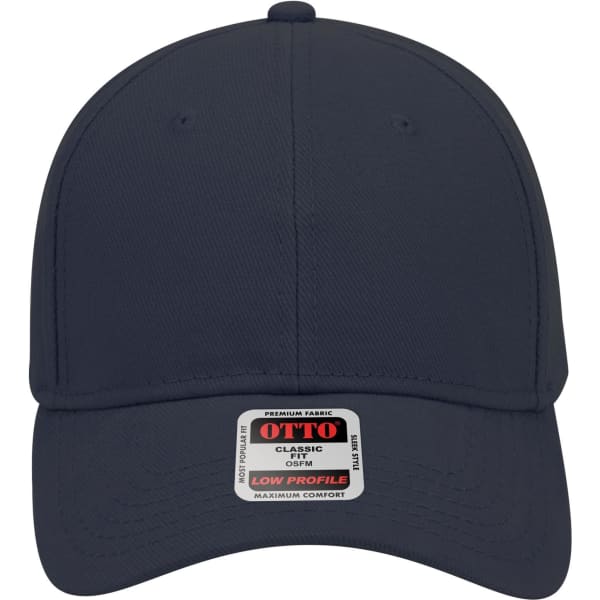 A navy blue 6 panel low profile baseball cap featuring a label on the front and a curved brim.