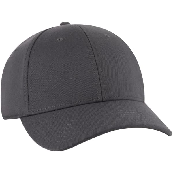 A grey low-profile baseball cap with six panels and a logo on the front.
