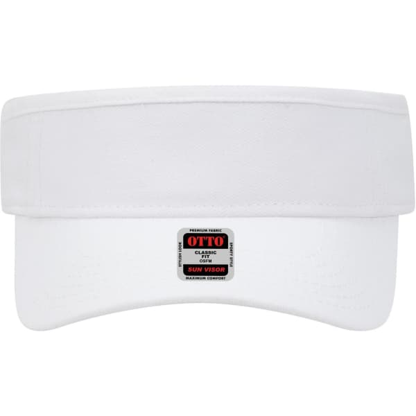 A white sun visor with a wide brim and a logo on the front.