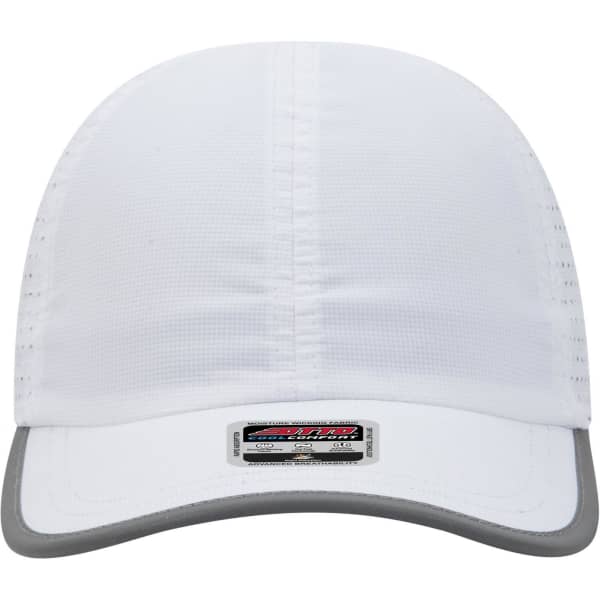 A white reflective six-panel running cap with a grey peak and a logo.