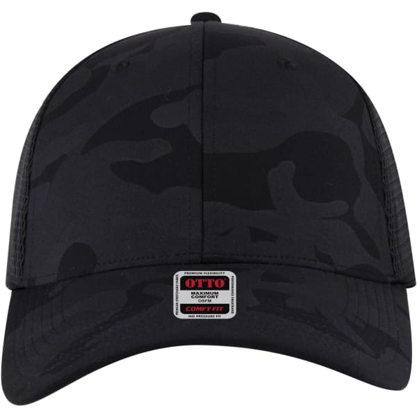 A black camo trucker cap with a low profile design and a branded label on the front.