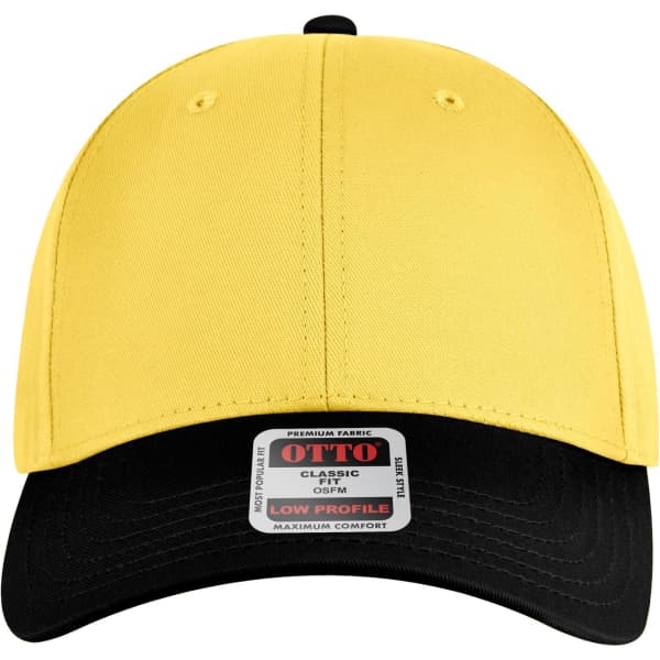 A yellow and black 6 panel low profile baseball cap featuring a logo on the front and a label on the brim.