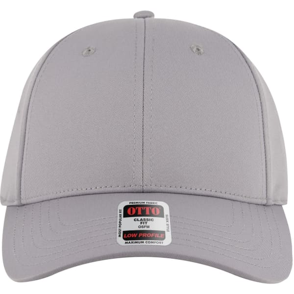 A grey six-panel low profile baseball cap with a curved brim and a logo on the front.