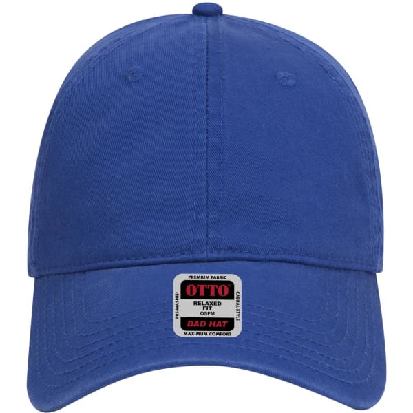 A blue 6-panel low profile dad cap with a logo tag on the front.