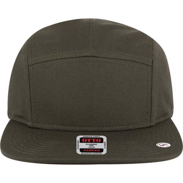 A 5 panel camper hat in olive green with a flat brim and a logo on the front.
