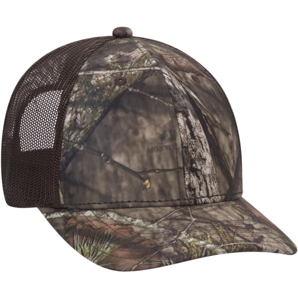 A camo 6-panel low profile baseball cap featuring a brown mesh back and camouflage pattern throughout.