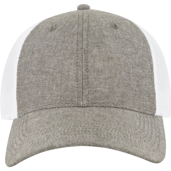A 6 panel low profile trucker cap featuring a grey fabric front and white mesh back, with a logo on the front.