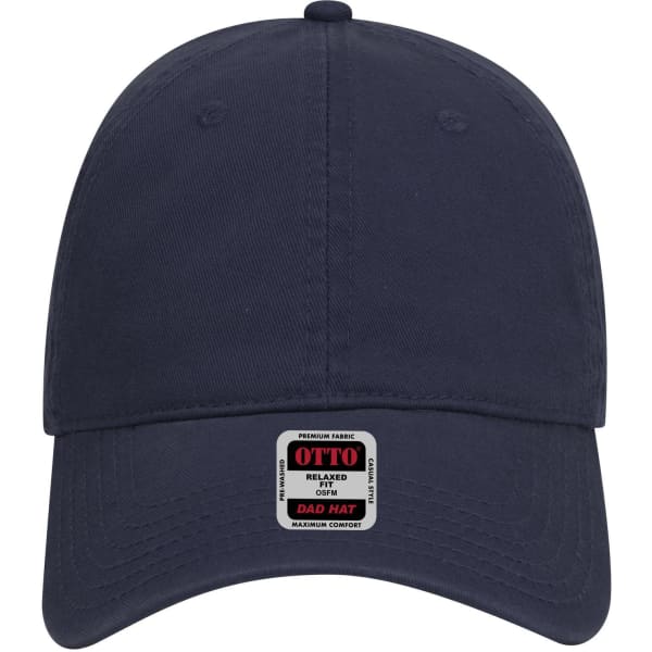 A navy blue 6-panel low profile dad cap with a branded label on the front.
