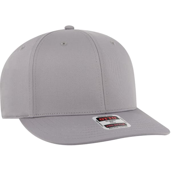 A grey 6 panel pro style snapback hat with a flat brim and a logo on the front.