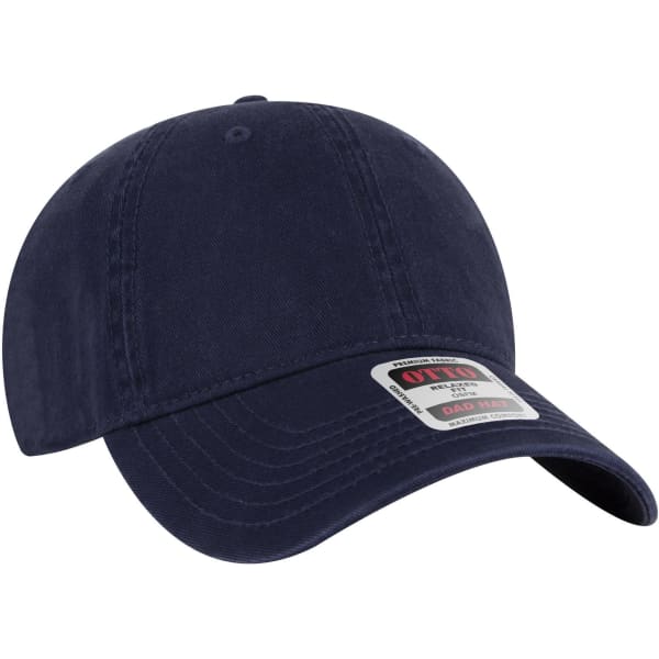 A navy blue 6 panel low profile dad cap with a curved brim and a logo tag on the side.