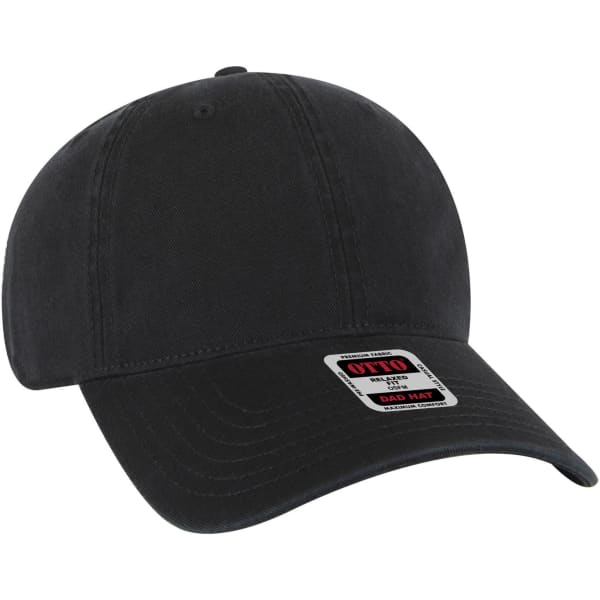 A black low profile dad cap featuring a panel design and a logo on the front.