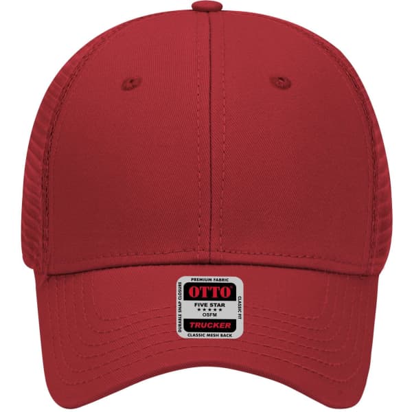 A red 6-panel low profile trucker cap with a mesh back and a logo on the front.