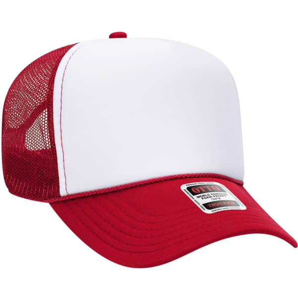 A red and white 5 Panel Mid Profile Trucker Cap with mesh sides and a flat brim, featuring a logo.
