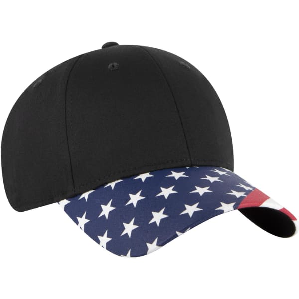 A black baseball cap featuring a star-patterned peak, with an American flag design. It has a logo on it.