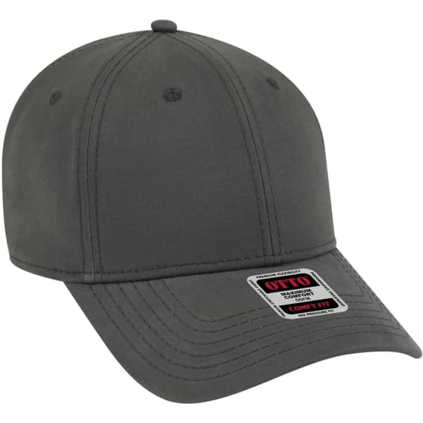 A grey low profile baseball cap with six panels and an adjustable fit. It features a logo on the side.