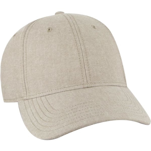 A low-profile six-panel baseball cap in a light beige colour, featuring stitching details and a branding logo.