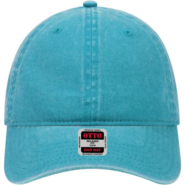A turquoise six-panel low profile dad cap with a logo and a relaxed fit.