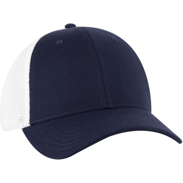 A navy blue trucker cap featuring a low profile design and white mesh panels, with a logo on the front.