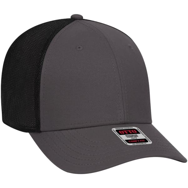 A grey baseball cap with a low-profile design and black mesh back, featuring a logo on the front.