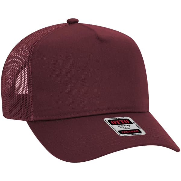 A maroon 5 panel mid-profile trucker cap featuring a mesh back and a logo on the front.