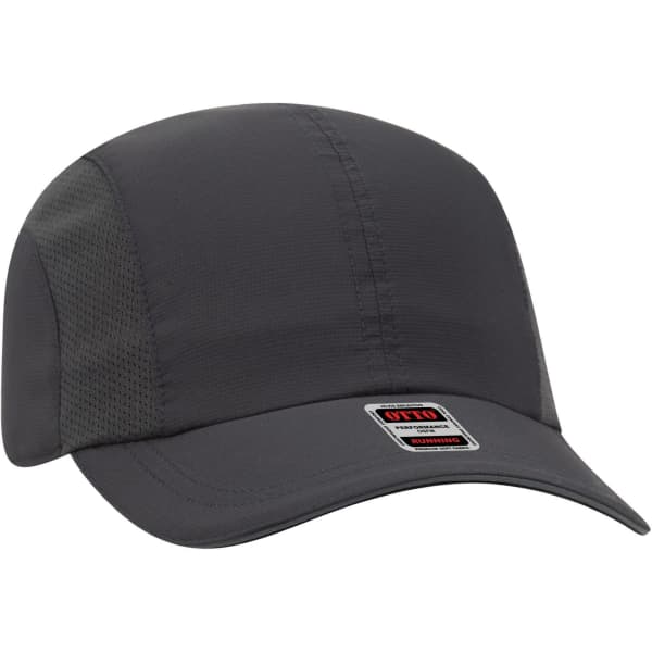 A reflective six-panel running cap in dark grey with mesh sides and a logo.