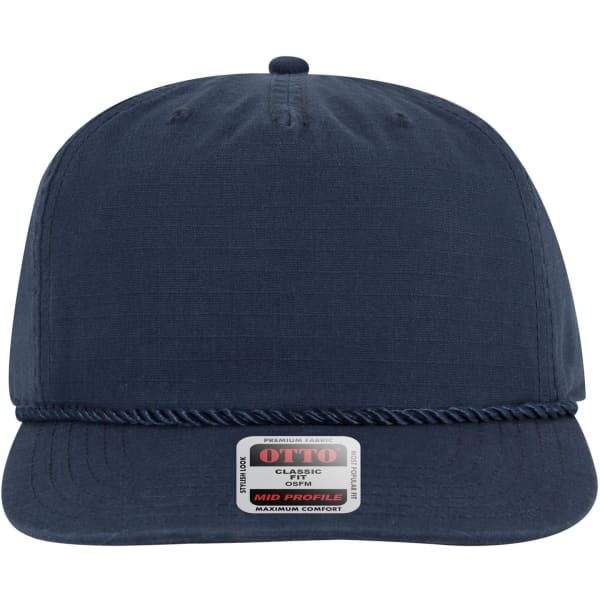A navy blue 5 panel mid profile baseball hat with a textured finish and a logo on the front.