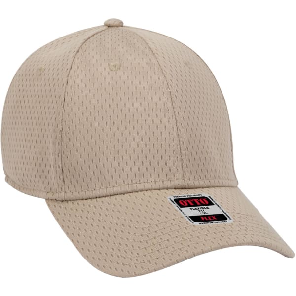 A beige 6 panel low profile baseball cap with a vented design and a logo on the front.