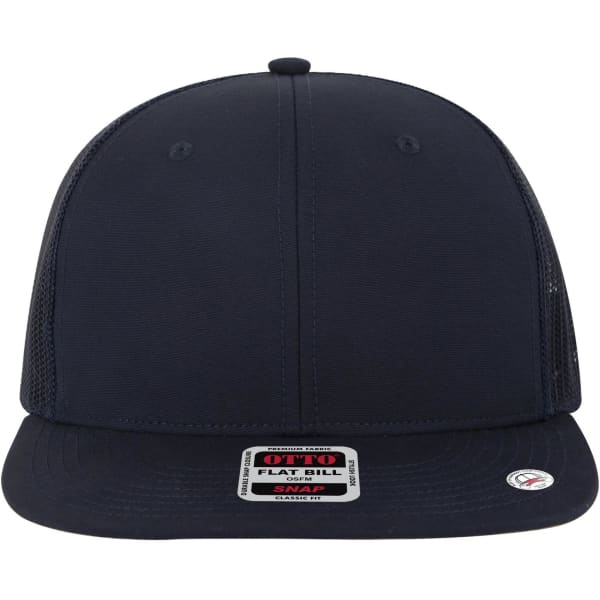A navy blue 6 panel mid-profile trucker cap with a flat bill and mesh sides, featuring a logo on the front.