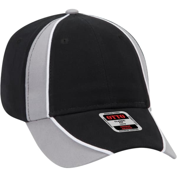 A black and grey six-panel low-profile baseball cap with a logo on the front.
