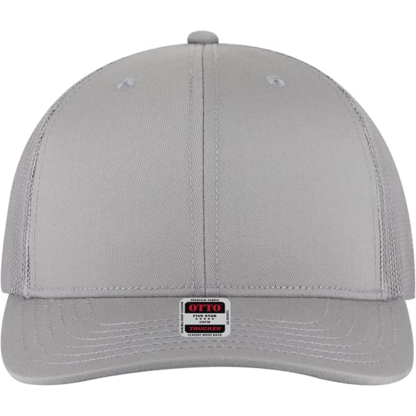 A grey 6 panel mid profile trucker cap featuring a logo on the front and air vents on the sides.