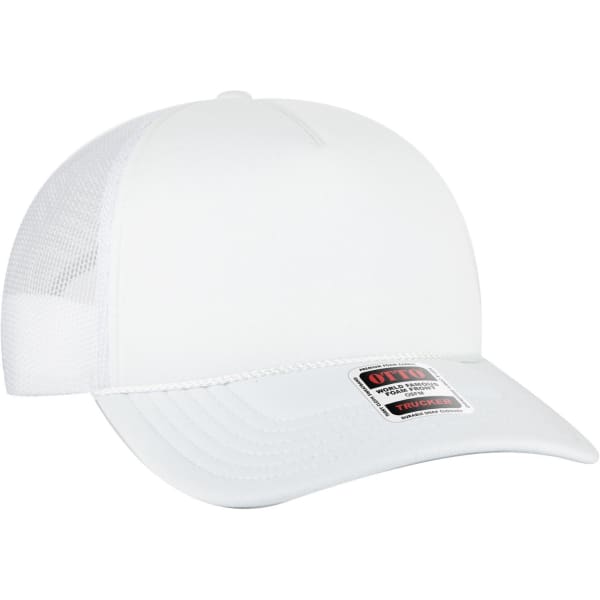 A white 5 panel low profile trucker cap with a mesh back and a small logo on the front.