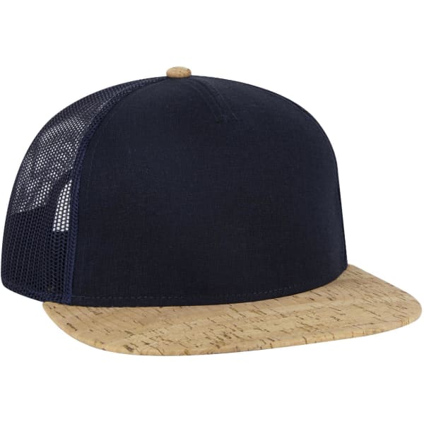 A navy trucker cap with a cork brim and mesh sides, featuring a logo on the front.