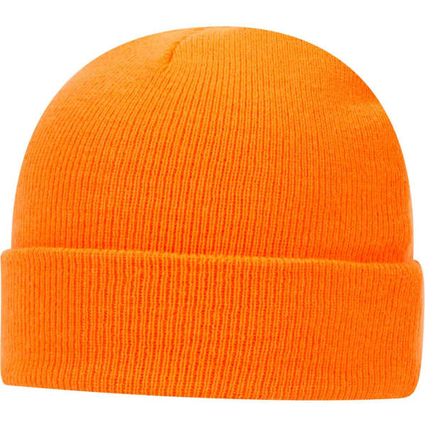 An orange knit beanie with a ribbed texture and a rolled brim, featuring a logo.