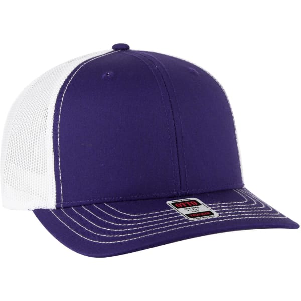 A purple and white 6-panel mid-profile trucker cap with a mesh back and a front panel.