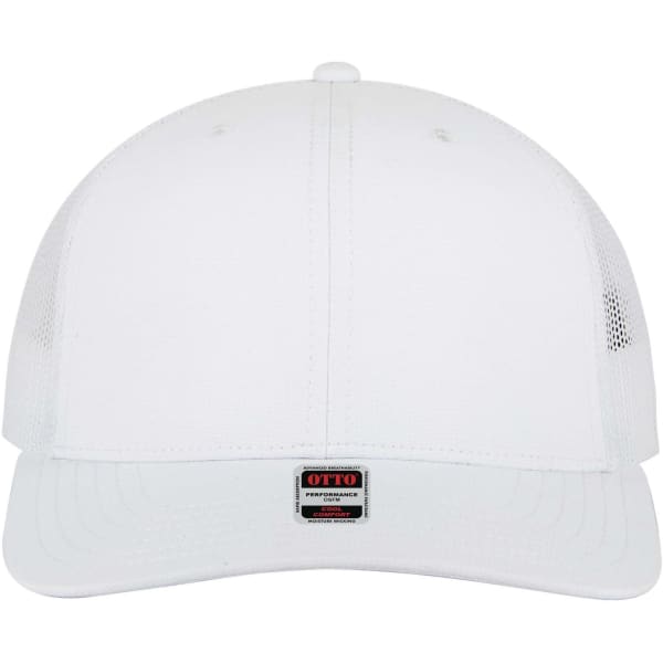 A white mid-profile trucker cap with a mesh back and a branded logo on the front.