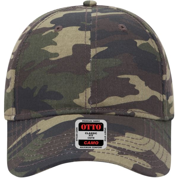 A camouflage six-panel low-profile baseball cap in green and brown tones with a tag featuring a logo.