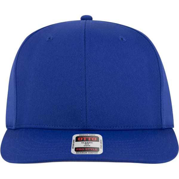 A blue 6 panel pro style snapback hat with a flat brim and a branded tag at the front.