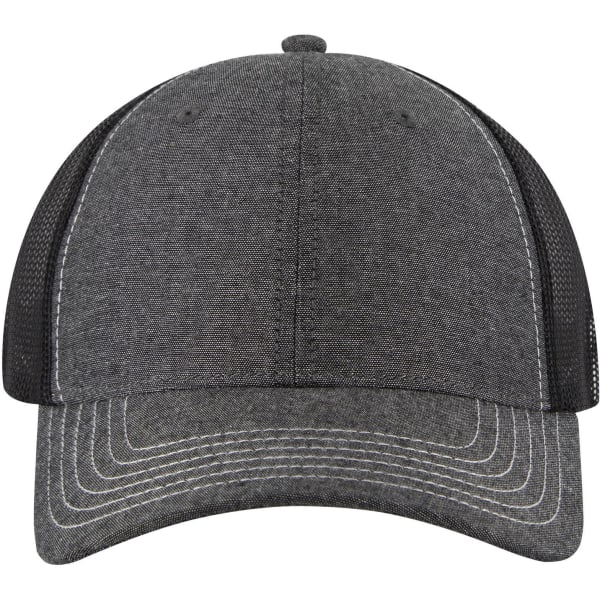 A 6-panel low profile trucker cap in grey with black mesh sides and a curved brim. It features a logo on the front.