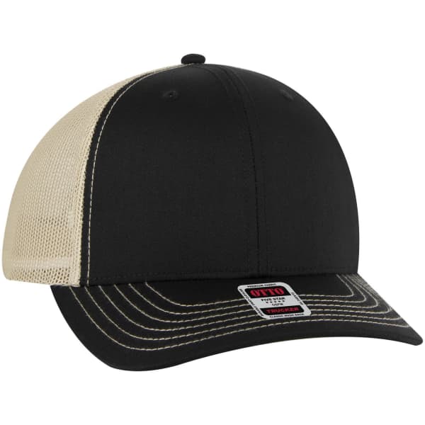 A black and beige 6 panel mid profile trucker cap with a logo on the front.