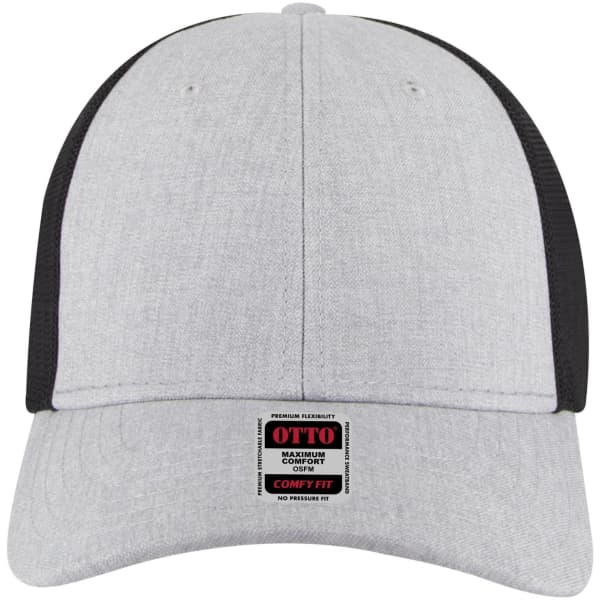 A grey and black six-panel low profile baseball cap with a logo on the front.