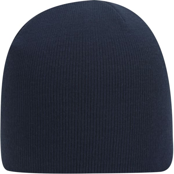 A classic knit beanie in navy blue, featuring a ribbed texture and a simple design. It has a logo.