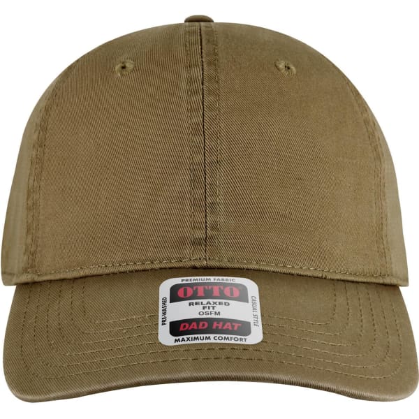 A low-profile dad cap in a muted khaki colour with a branded label on the front.