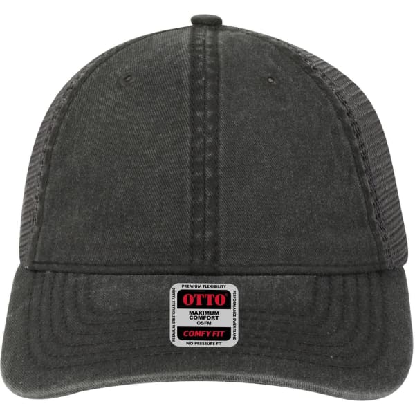 A black trucker cap with a low profile and a mesh back, featuring a branded label.