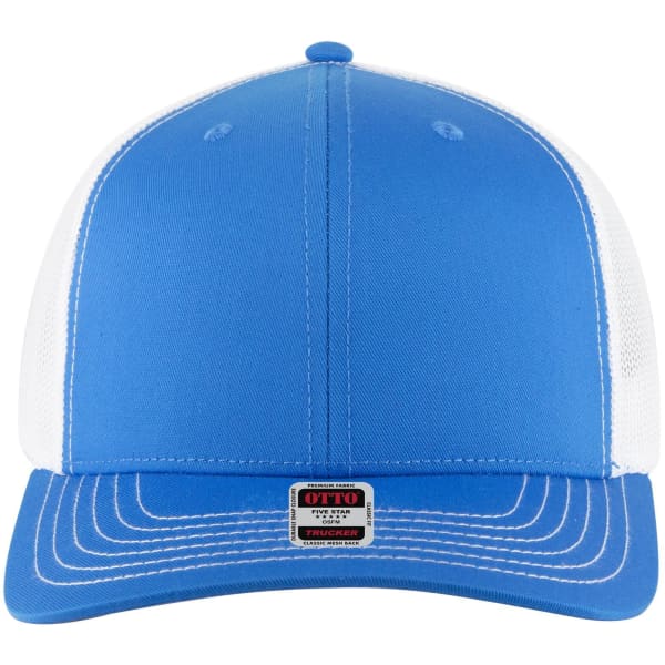 A blue 6 panel mid-profile trucker cap with a white mesh back and a labelled logo at the front.