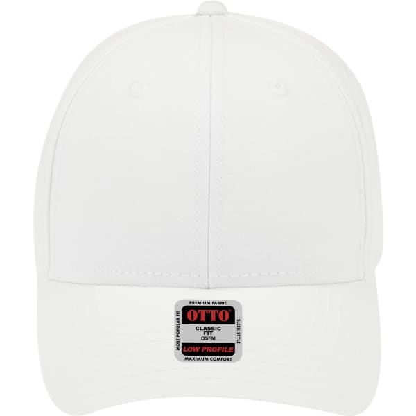 A white low profile baseball cap featuring a logo on the front. The cap has six panels for structure.