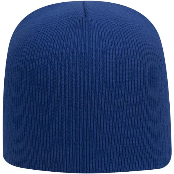 A blue knit beanie with a textured pattern and a rounded crown, featuring a logo on the side.