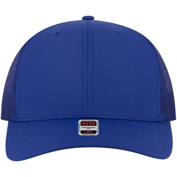 A blue Mid Profile Trucker Cap with a mesh back and a small logo tag on the front.