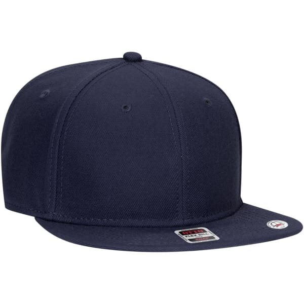 A navy blue 6-panel mid-profile snapback cap with a grey undervisor and a logo on the side.