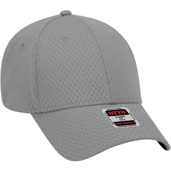 A grey 6 panel low profile baseball cap with a logo tag, featuring a mesh design for breathability.